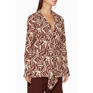 Chloe Geometric Print Blouse Top Silk V Neck Brown Beige EU Size 38 US Size 6
